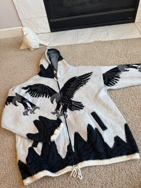 Vintage Tejidos Ruminahui Eagle Ecuador Wool Full-Zip Hooded Sweater Mens Sz XL
